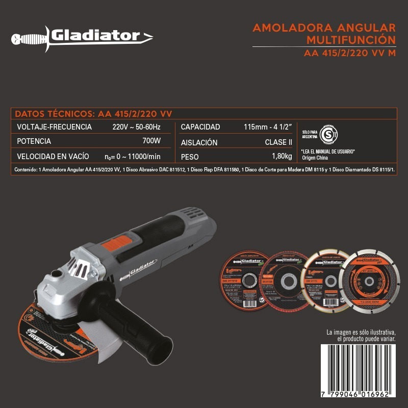 Amoladora Angular Gladiator Pro Aa 415/2/ Vvm Color Gris 700 w 220 v + Accesorio - Imagen 5