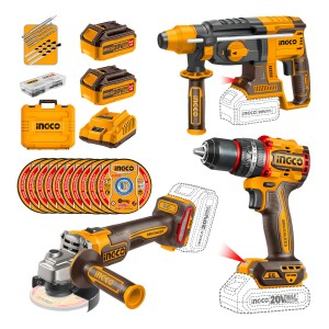 Combo Taladro Percutor 66nm + Rotomartillo + Amoladora Ingco Color Amarillo Frecuencia 20v