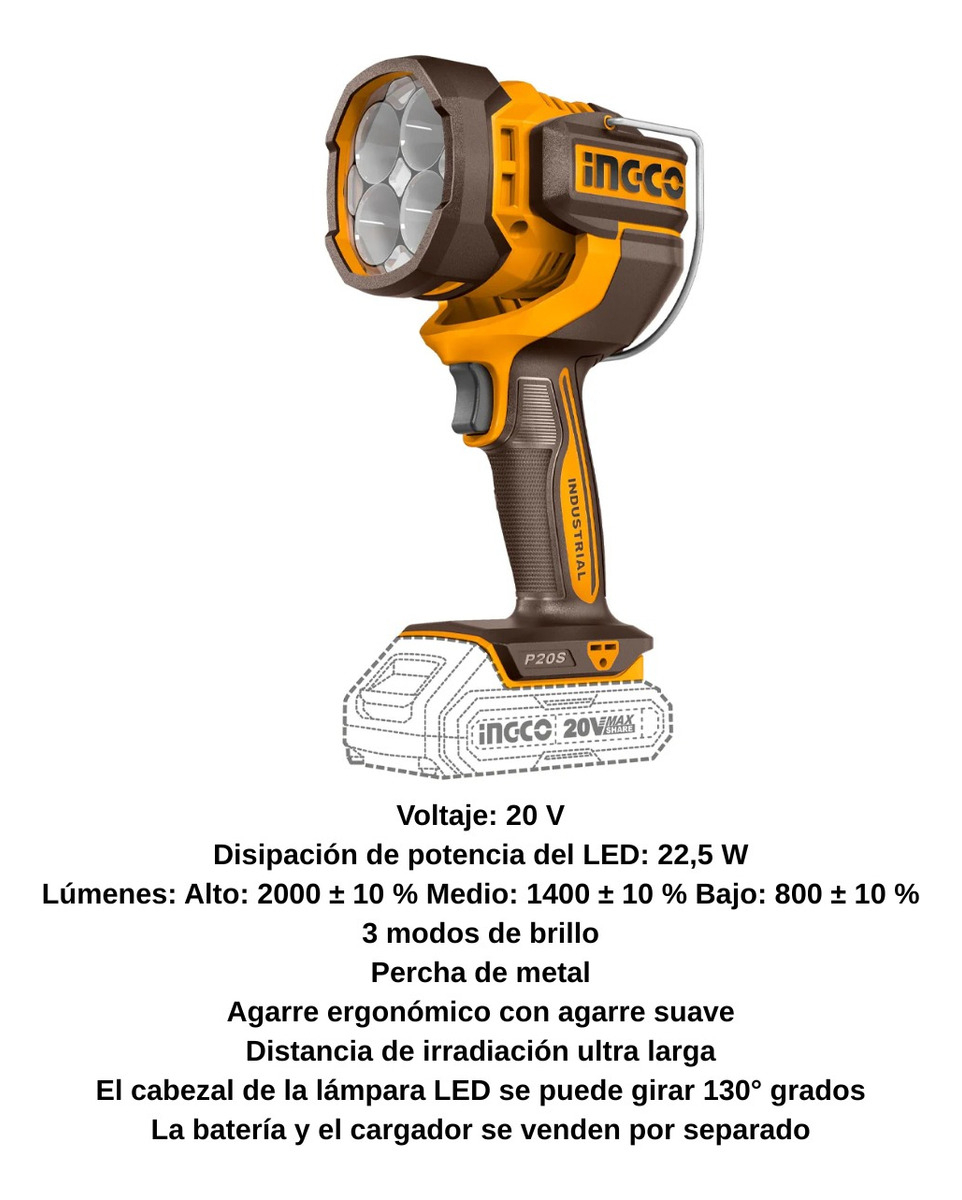Linterna 2000 Lumens 20v S/bateria Cwli2088 Ingco Linterna A Blanca Amarillo - Imagen 2