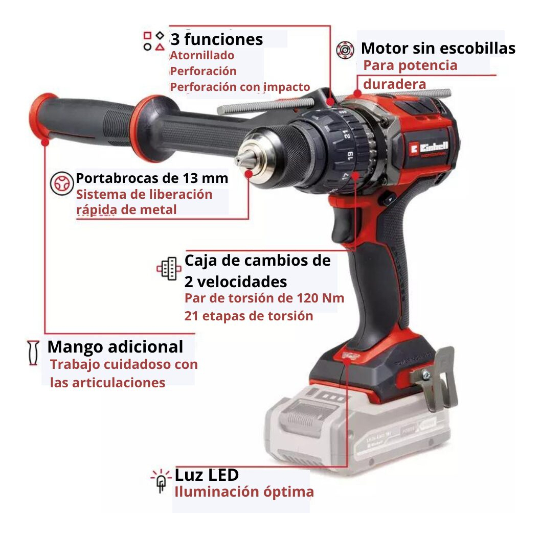 Taladro Atornillador Percutor Inalambrico Brushless Einhell Sin Bateria Tp-cd 18/120 Li-i Bl Solo - Imagen 8