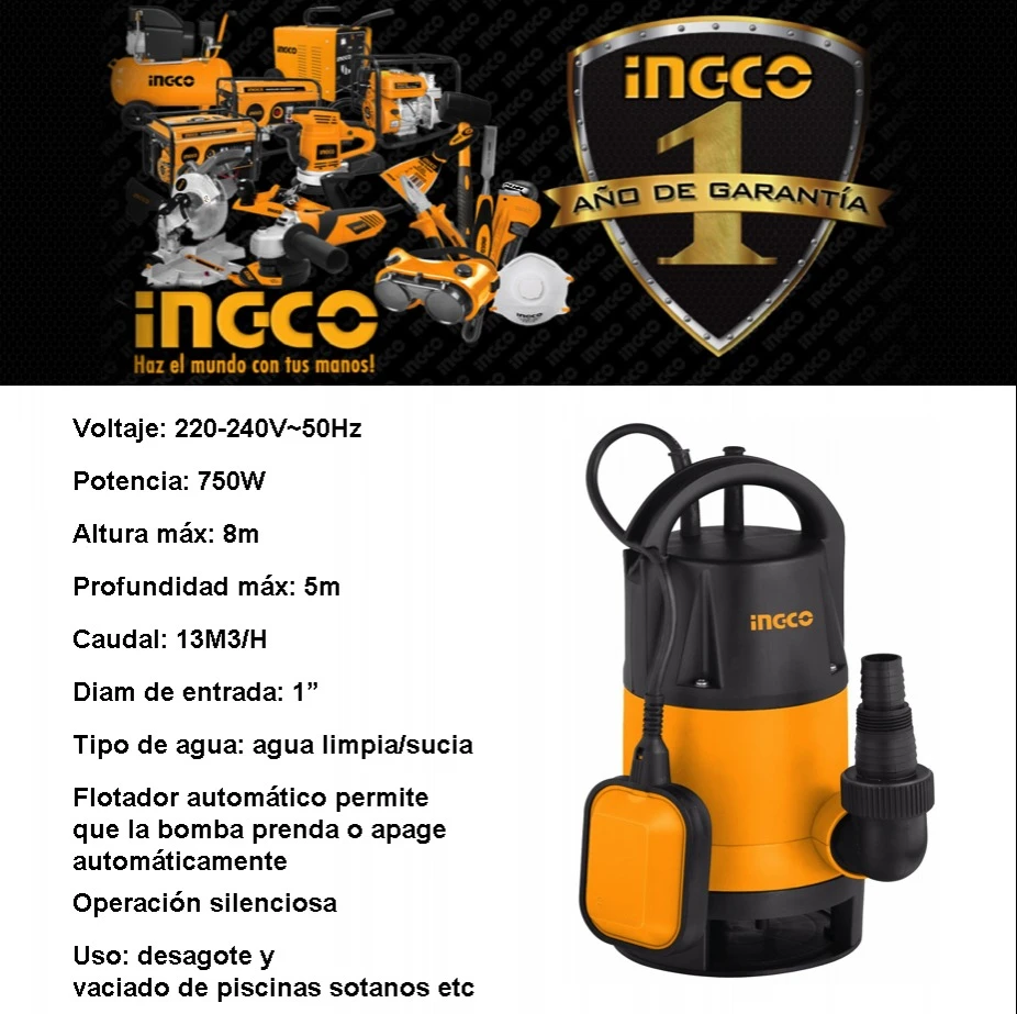 Bomba Sumergible Drenaje 750w Agua Sucia Limpia Ingco - Tyt - Imagen 2