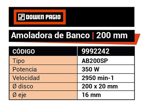 Amoladora De Banco 350 W Dowen Pagio 2 Piedras 200mm - Fc Color Naranja Frecuencia 50 - Imagen 2