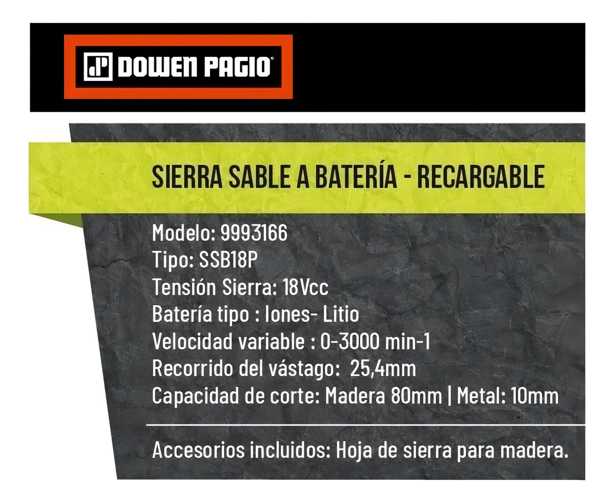 Sierra Sable A Bateria 18v Dowen Pagio Flex One Madera Metal - Imagen 5