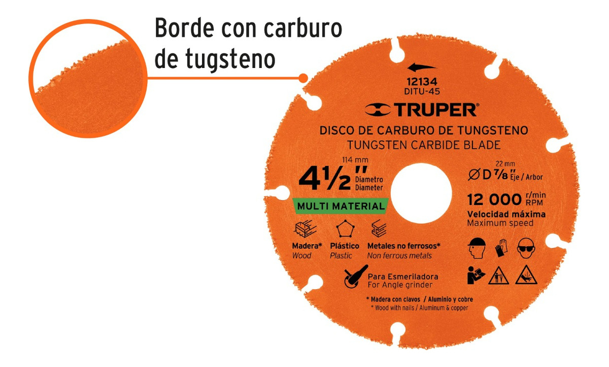 Disco 4 1/2'' Multiprop. Truper Multi Material Madera Metal Naranja - Imagen 6