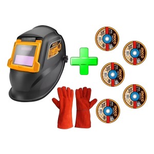 Kit Soldador Careta +5 Discos +guante De Cuero Largo Ingco