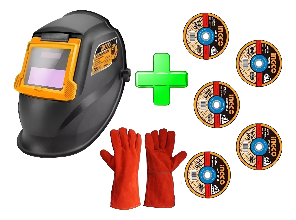 Kit Soldador Careta +5 Discos +guante De Cuero Largo Ingco