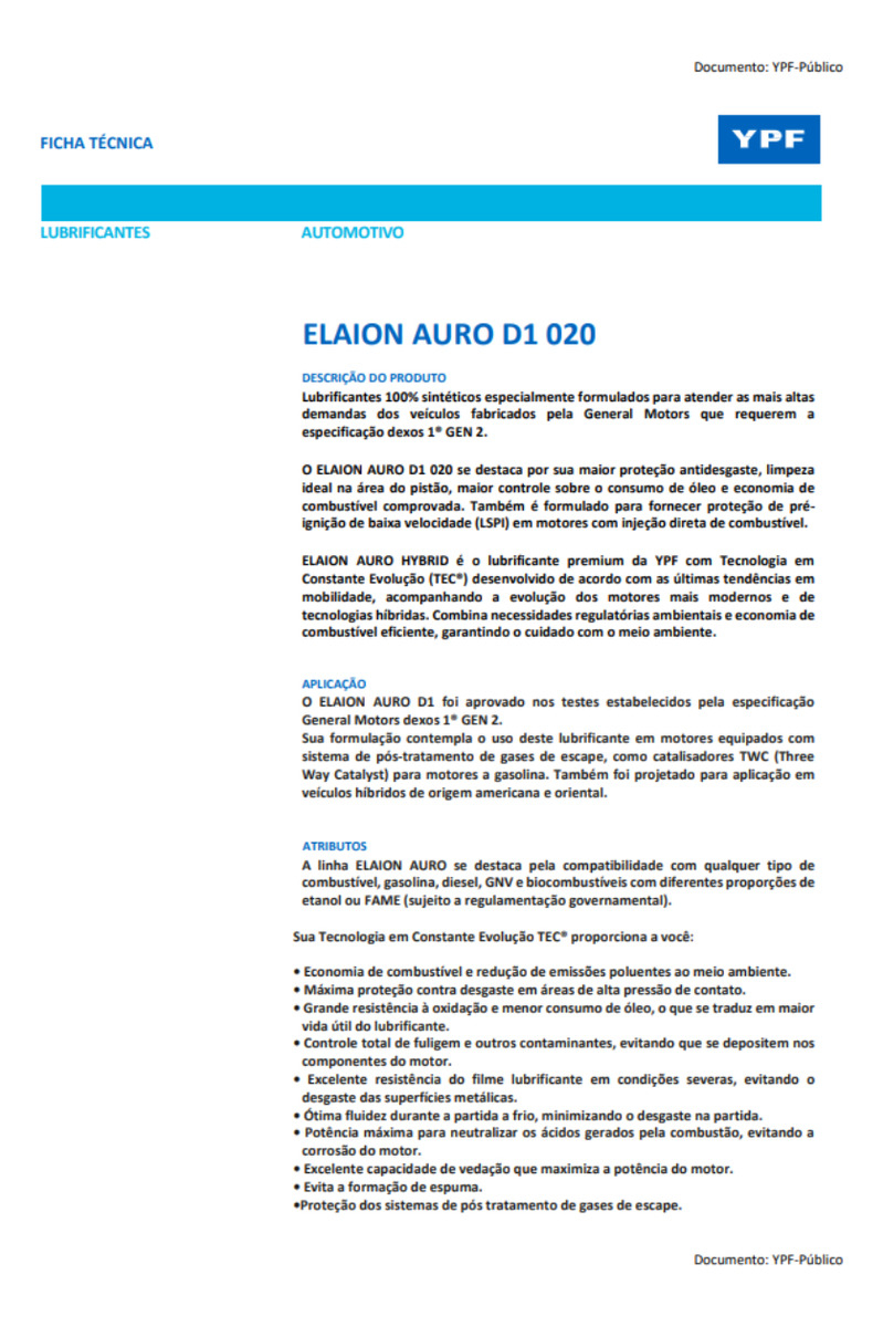 Ypf Aceite Sintetico F50 Dexos I 0w20 Elaion Envase 1 L Tyt - Imagen 2