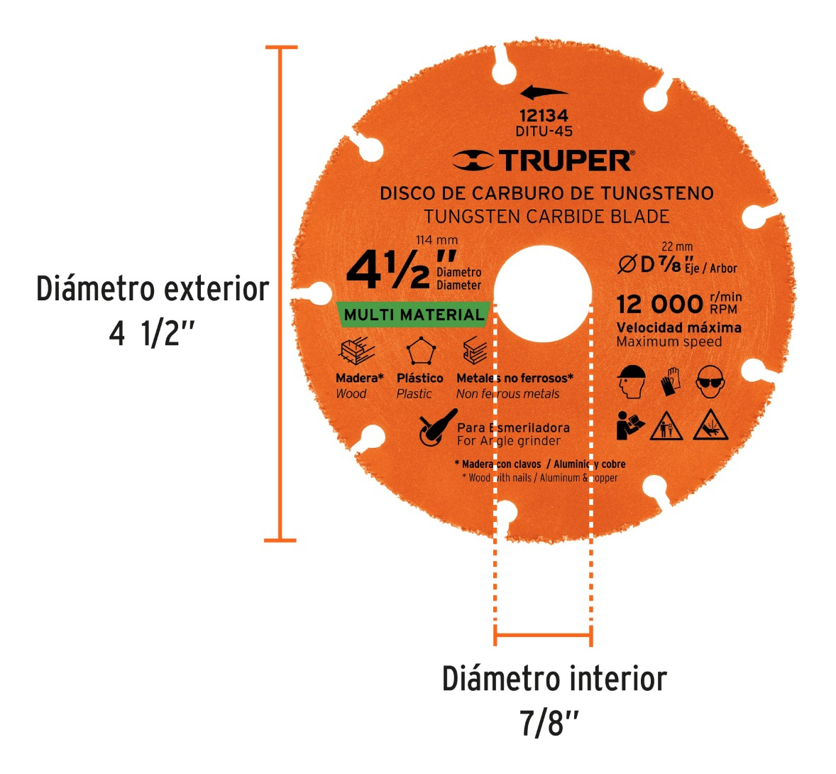 Disco 4 1/2'' Multiprop. Truper Multi Material Madera Metal Naranja - Imagen 5