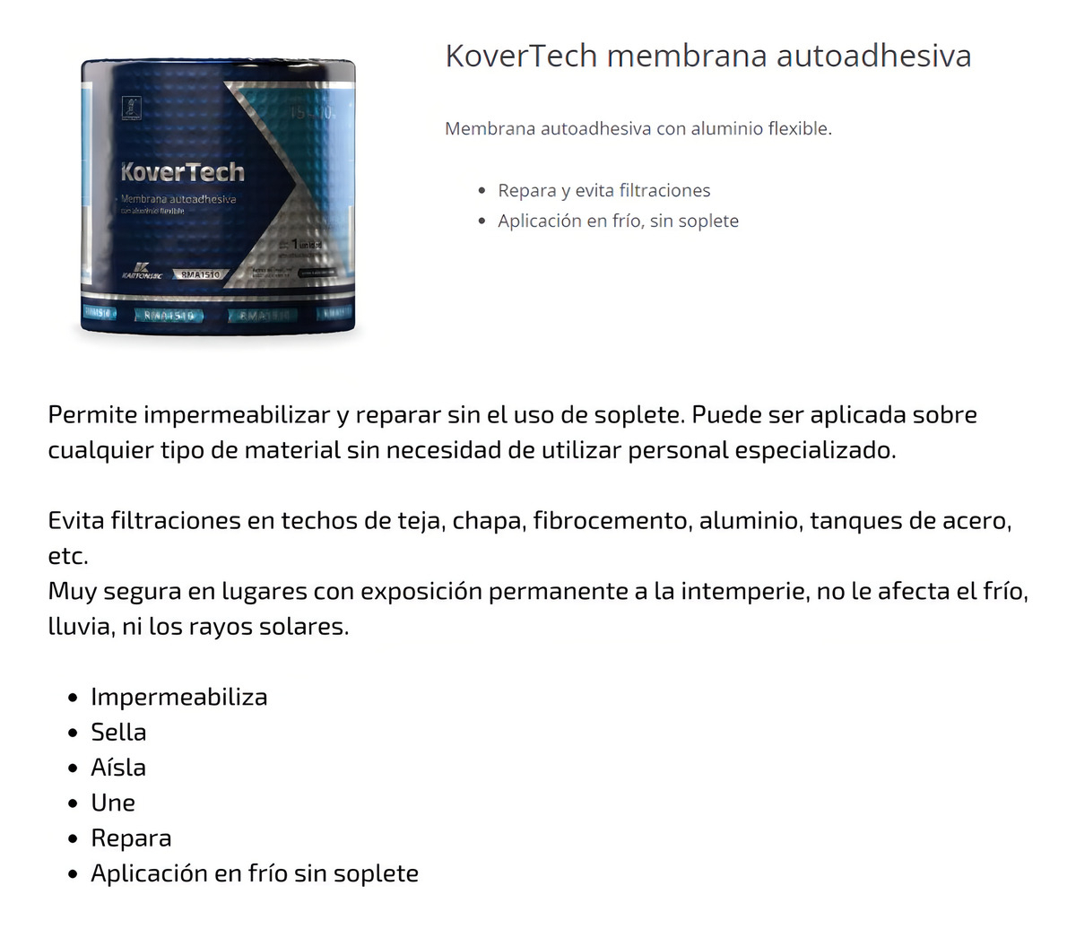 Membrana Autoadhesiva Kovertech Rollo 15cm X 10mts Aluminio Azul - Imagen 5
