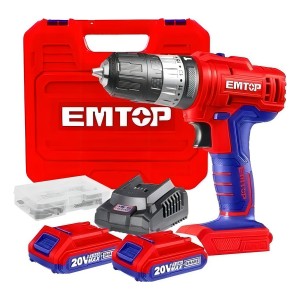 Taladro Atornillador Inalámbrico Emtop 2 Baterías Percutor 13mm Rojo