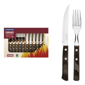 Juego De Cubiertos Para Asado Tramontina De Acero Inoxidable Con Mango Castaño Polywood 12 Piezas 6 Tenedores 6 Cuchillos Marrón