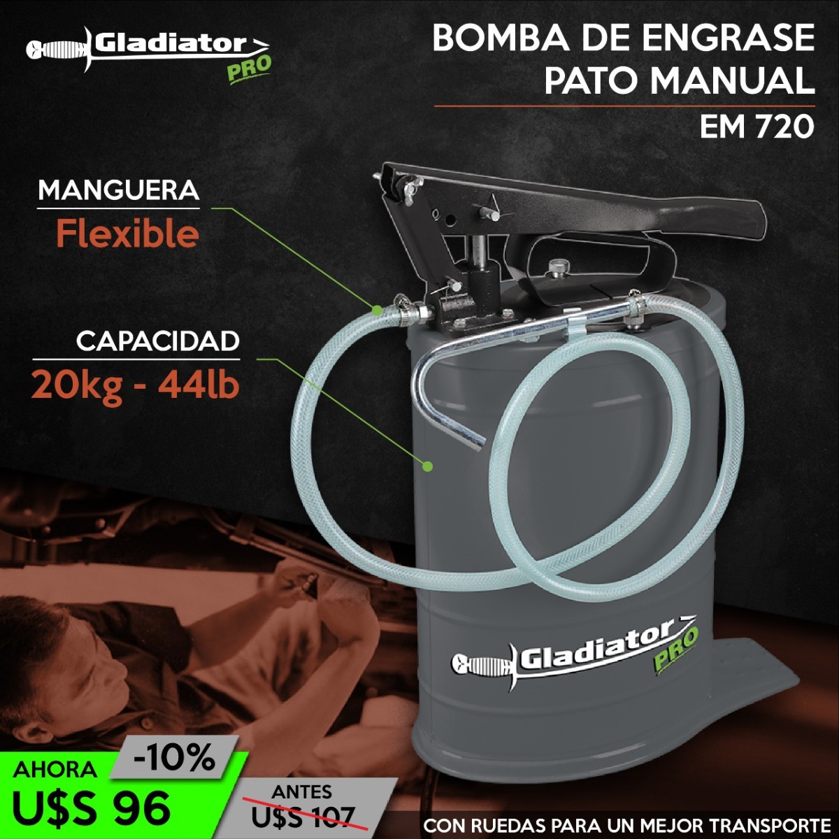 Bomba Engrase Pato Manual Gladiatorpro 20kg Em720 Oferta Tyt - Imagen 2