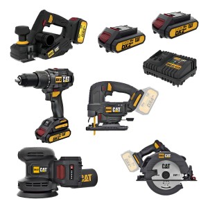 Kit Herramientas Cat Taladro Atornillador + Sierra Circular + Caladora + Garlopa + Lijadora + 2 Baterías 2ah + Cargador
