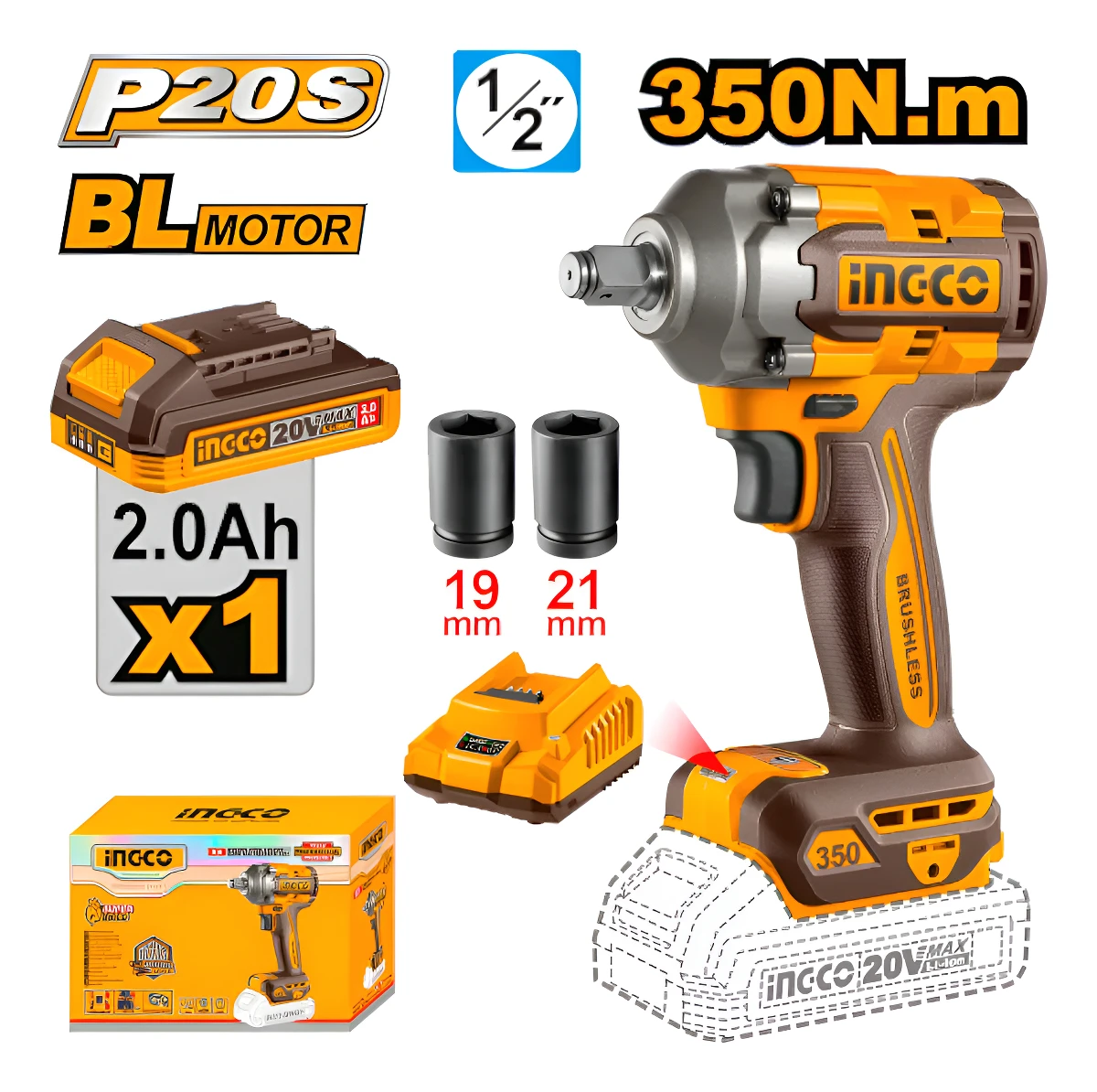 Llave De Impacto Ingco C/batería Y Set De Dados + Cargador Amarillo 50/60 Hz
