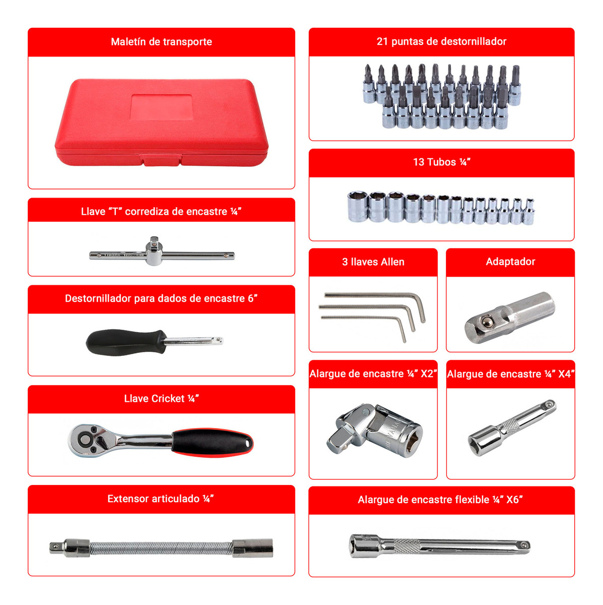 Juego De Dados Nappo 46 Piezas Llaves Cricket Maletín Rojo/ Negro - Imagen 7