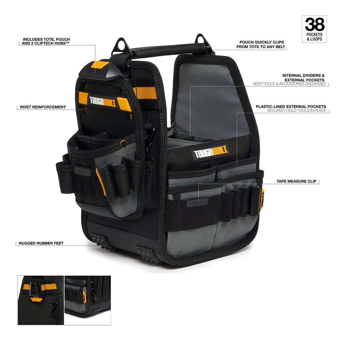 Bolso Abierto + Coleto Cliptech 20cm Toughbuilt Tb-ct-180-8 Color Negro - Imagen 8