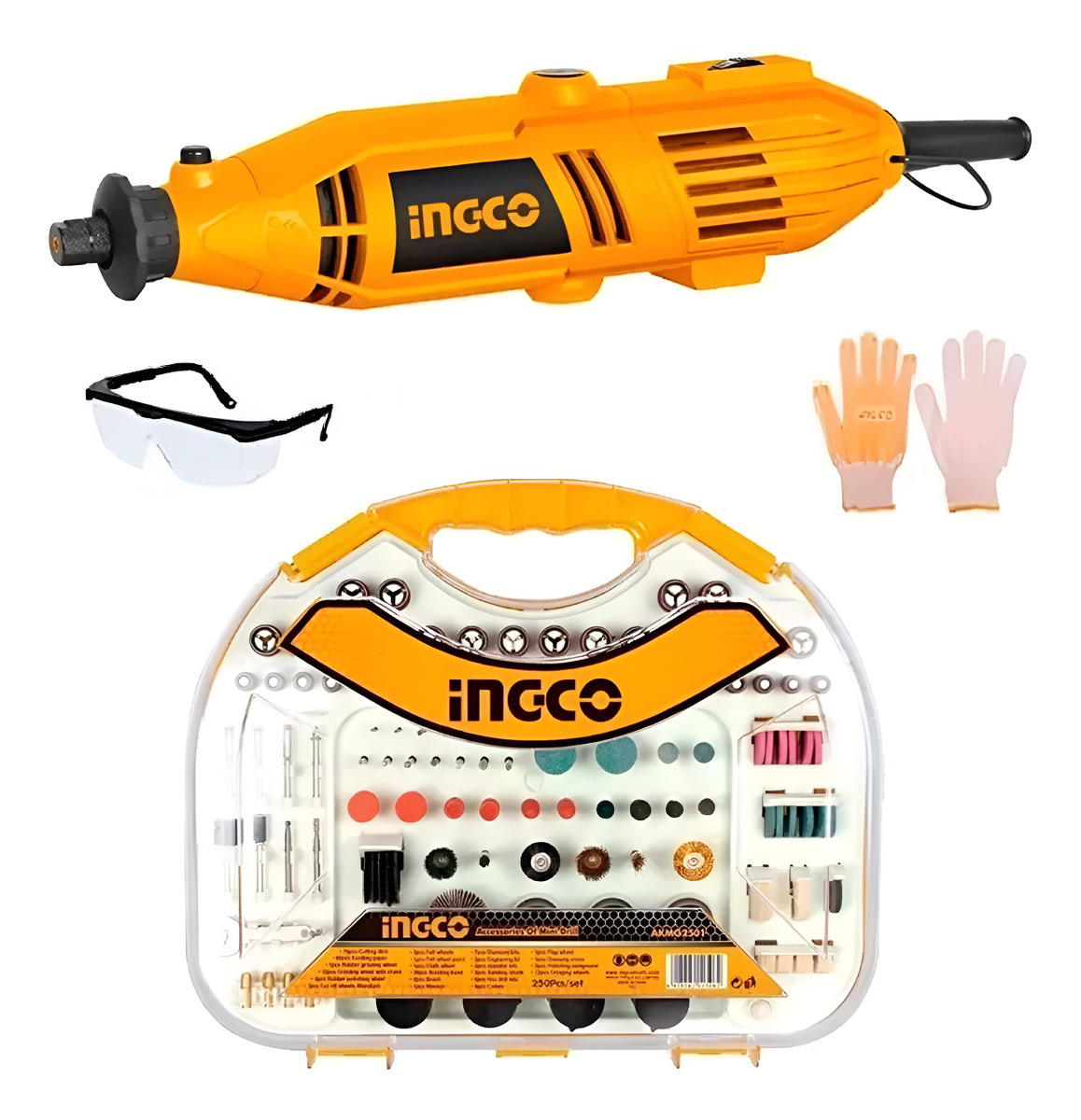 Kit Mini Torno Rectificadora Ingco +299pcs + Valija +extensi