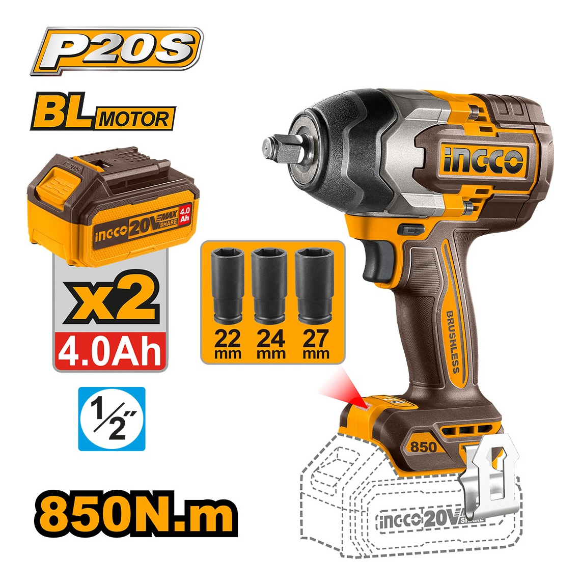 Llave De Impacto 850nm P20s C 2bat Carg Y Valija Lnf Color Amarillo Frecuencia 50hz60hz - Imagen 7