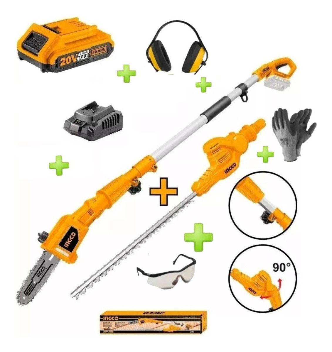 Cortacercos + Motosierra De Altura 20v Ingco Cpts201681 Tyt