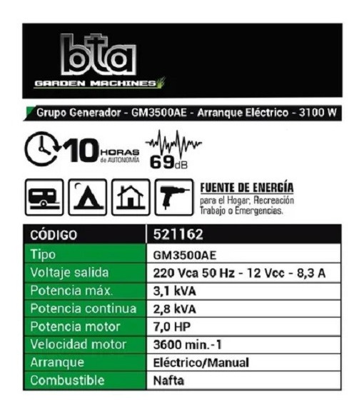 Generador Portátil Bta Tools 3500 3100w Nafta Arranque Eléctrico Avr 4 Tiempos - Imagen 2