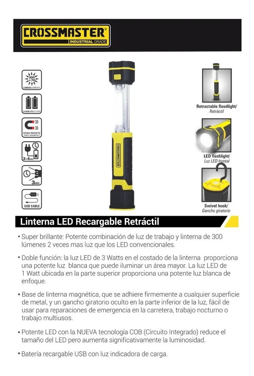 Linterna Led Recargable 300 Lumen Retractil Crossmaster Tyt - Imagen 2