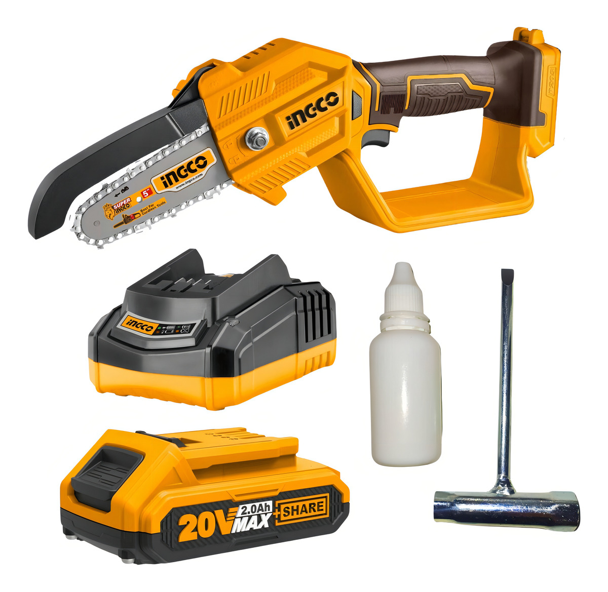 Mini Motosierra 5 Incluye Bateria 2ah Y Cargador Ingco Color Amarillo