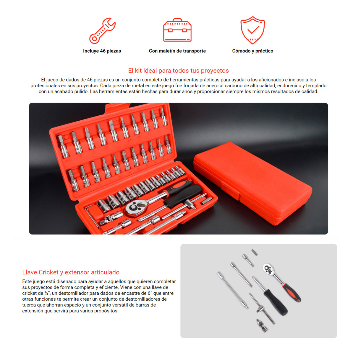 Juego De Dados Nappo 46 Piezas Llaves Cricket Maletín Rojo/ Negro - Imagen 9
