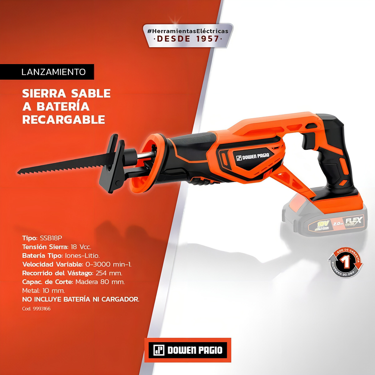 Sierra Sable A Bateria 18v Dowen Pagio Flex One Madera Metal - Imagen 6