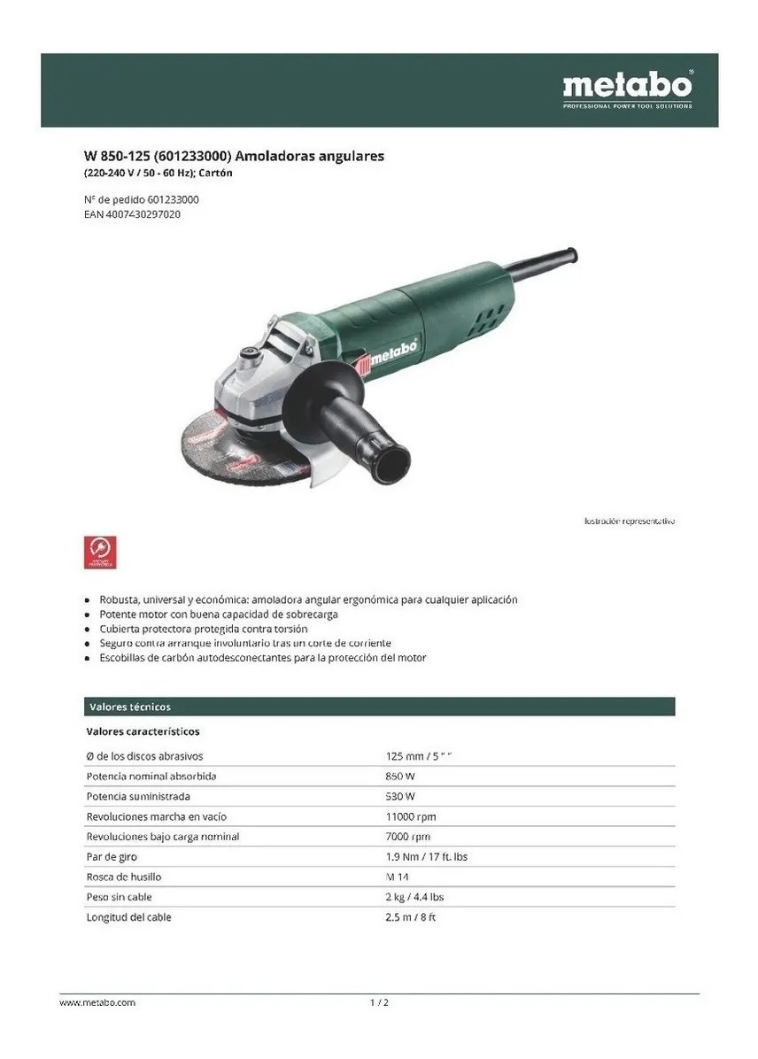 Amoladora Angular Metabo 850w 125mm Color Verde Frecuencia 50 Hz/60 Hz - Imagen 4