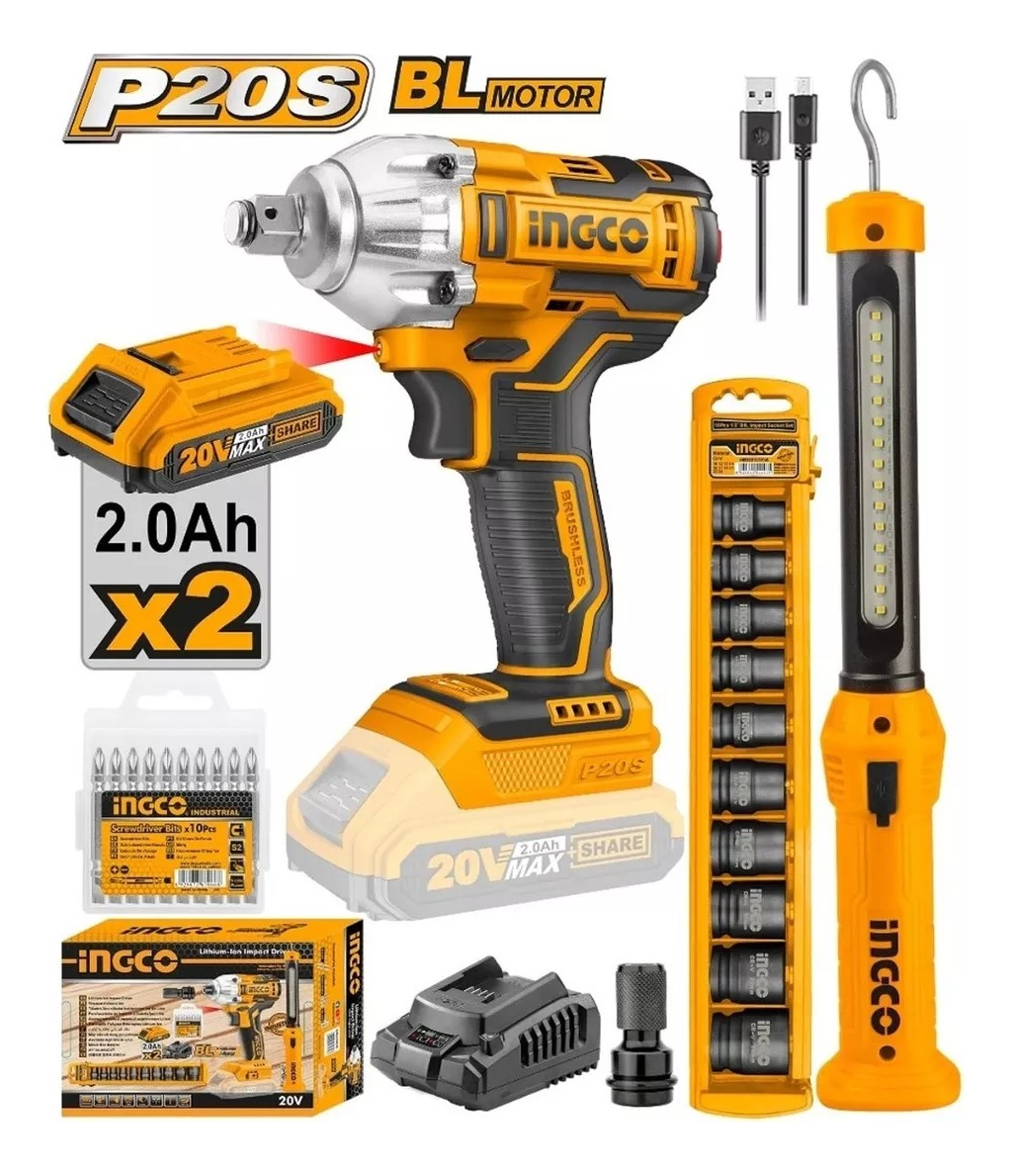 Kit Llave Impacto 20v + Linterna Rec + Cosli23011 Ingco + Au