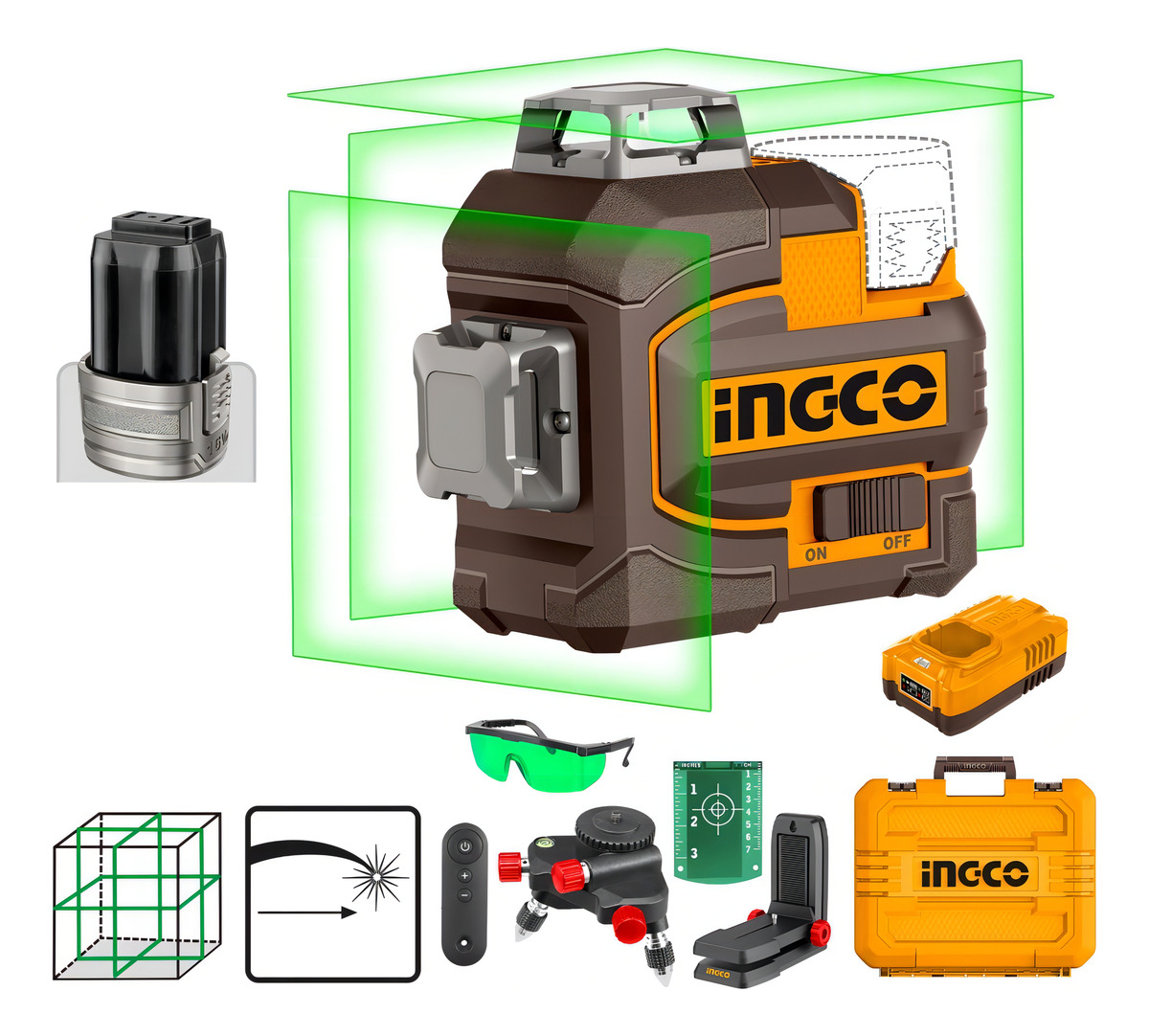 Nivel Laser 360 3d Verde + Bateria 35mts Ingco Hll301201 *ub