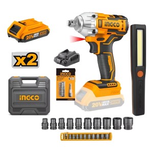 Llave De Impacto 20v 2 Baterías Sin Carbones Ingco + Acceso. Color Amarillo