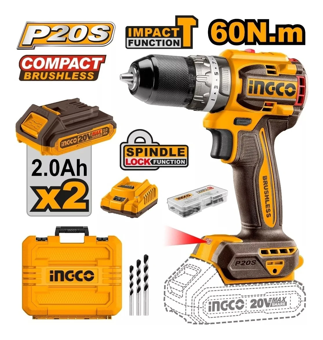 Atornillador 20v C Percutor Compact 13mm C Bat Maletin Ingco