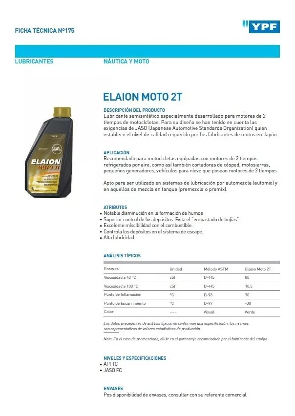 Aceite Ypf Elaion Náutico 2t 1l Mineral - Imagen 2
