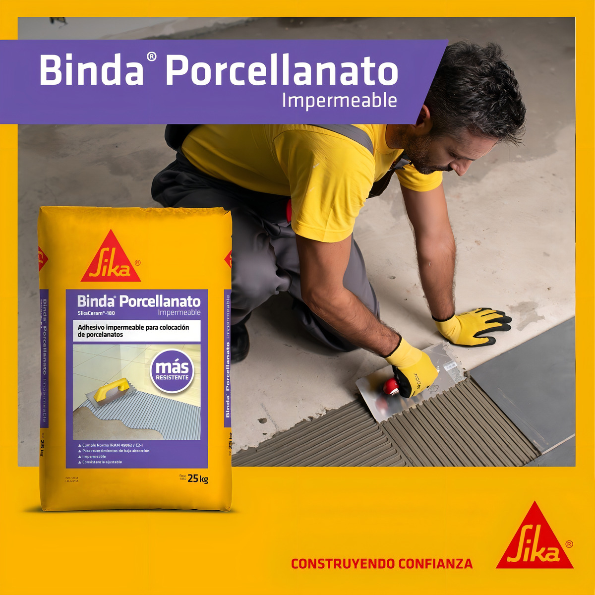 Adhesivo Sika Binda Porcellanato Impermeable 25 Kg - Imagen 2