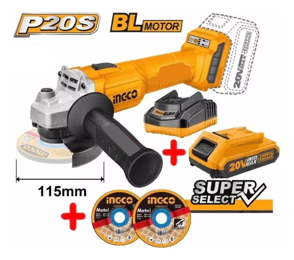 Amoladora 20v Brushless + Bateria +carg. +discos Ingco Tyt - Imagen 2