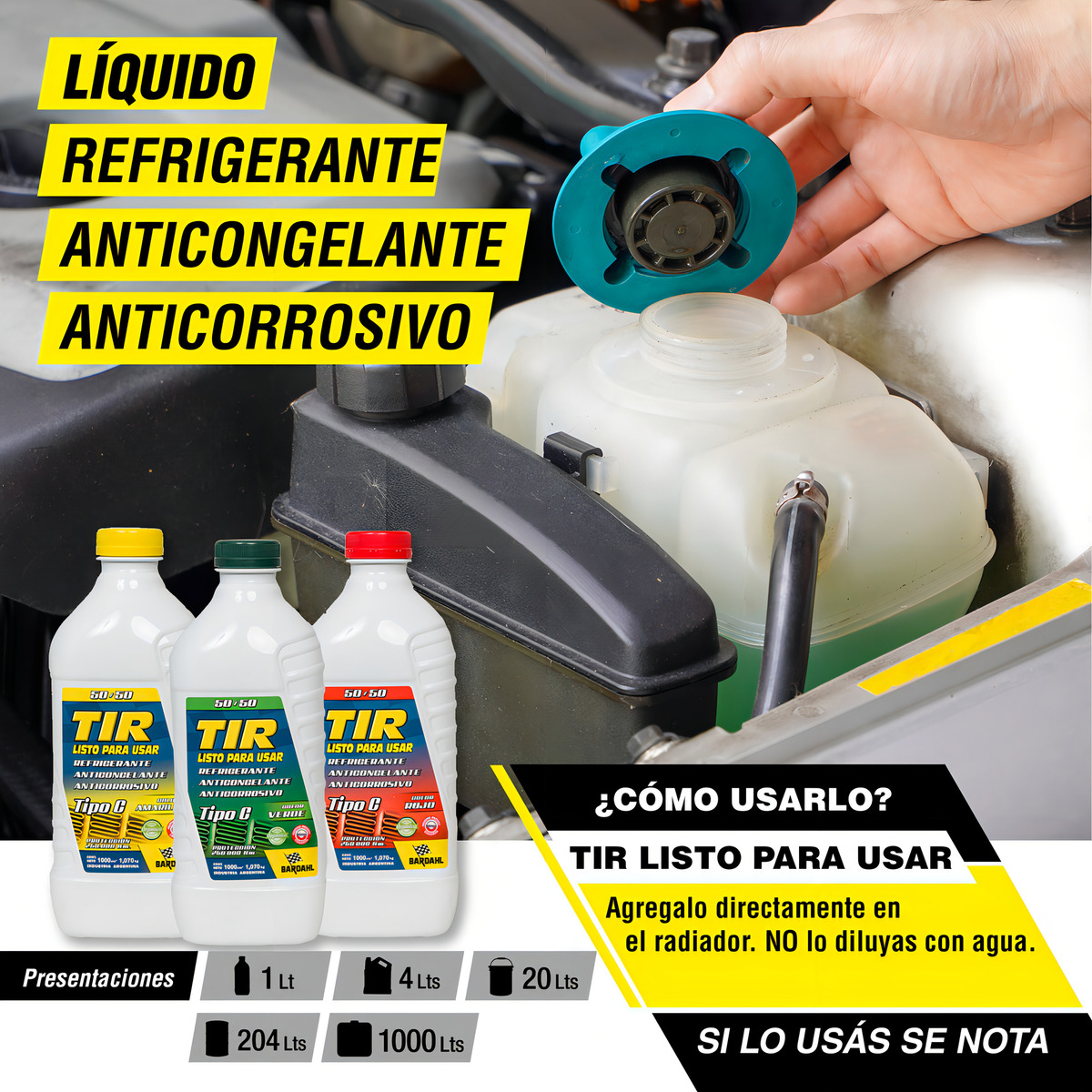 Liquido Refrigerante Anticongelante Tir 50% Listo Para Usar Bardahl Amarillo 1l - Imagen 3
