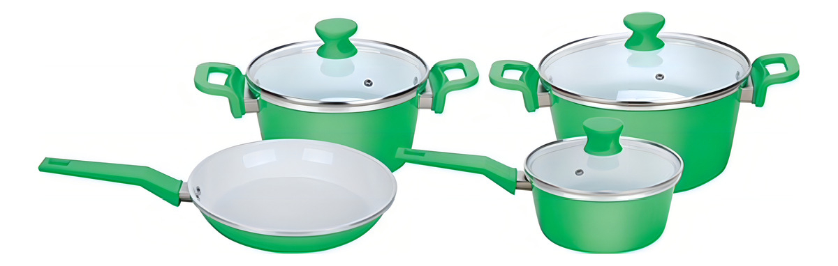 Juego De Ollas Cuori Follia Plus 7 Piezas Antiadherente Cerámica Verde