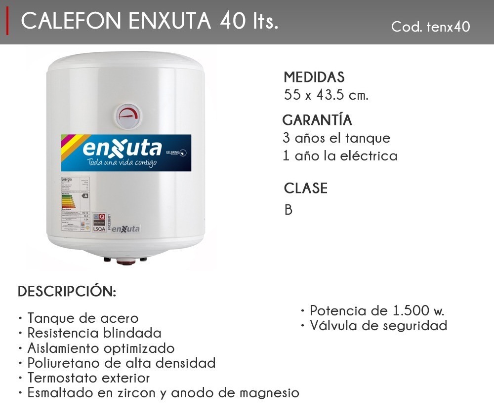 Calefón / Termotanque Acero Enxuta 40 Lts. - Tenx40 - Tyt Color Blanco - Imagen 2