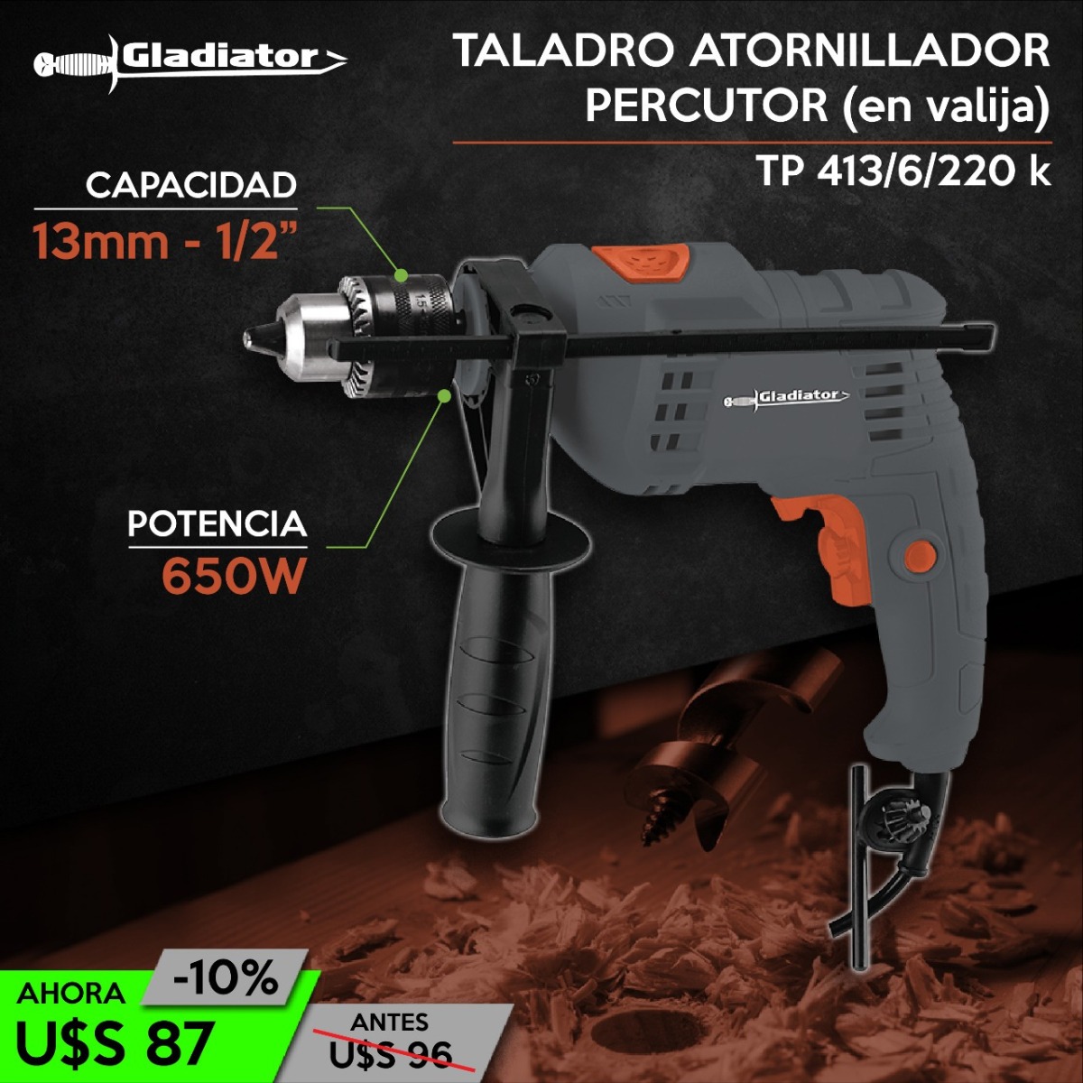 Taladro Percutor Eléctrico De 13mm Gladiator Tp413/6 60hz 650w 220v + Accesorios - Imagen 2