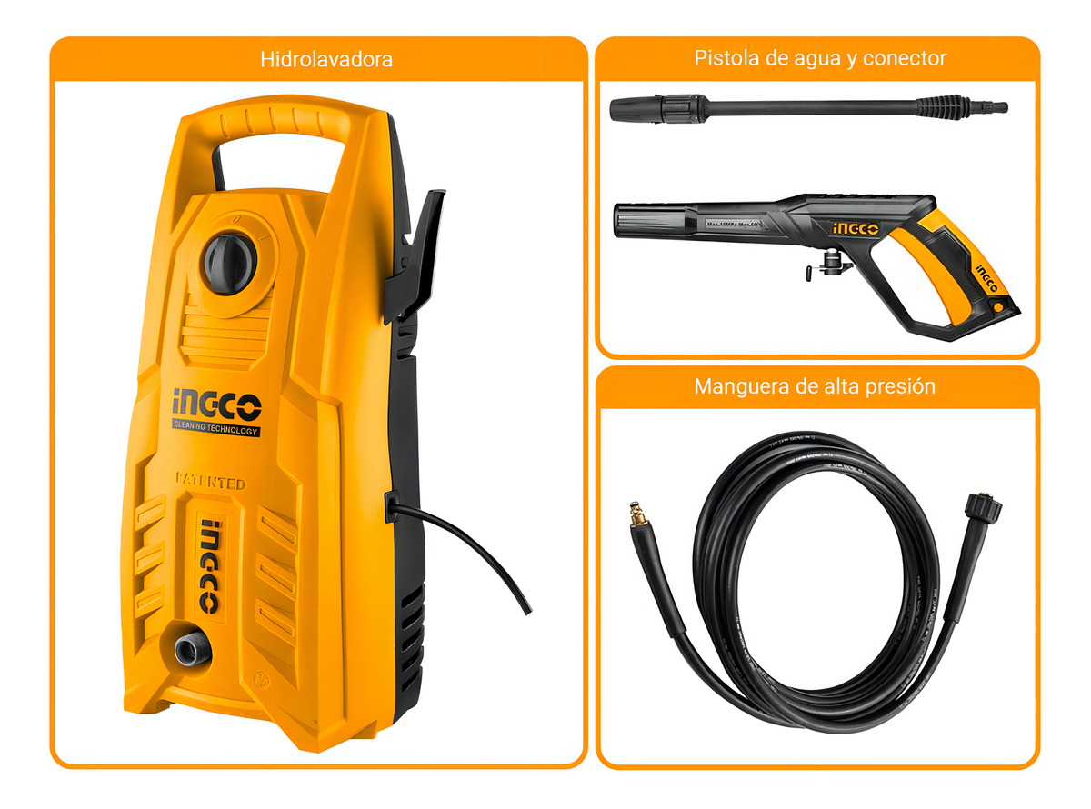 Hidrolavadora Ingco 1400w Alta Presión Carros Caiones Naranja - Imagen 4
