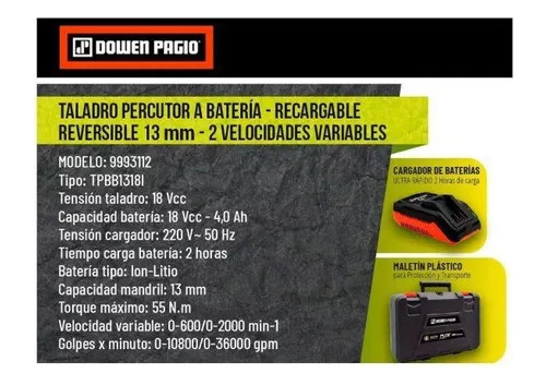 Taladro Percutor 18v Sin Carbones 13mm Dowen - Tyt - Imagen 4