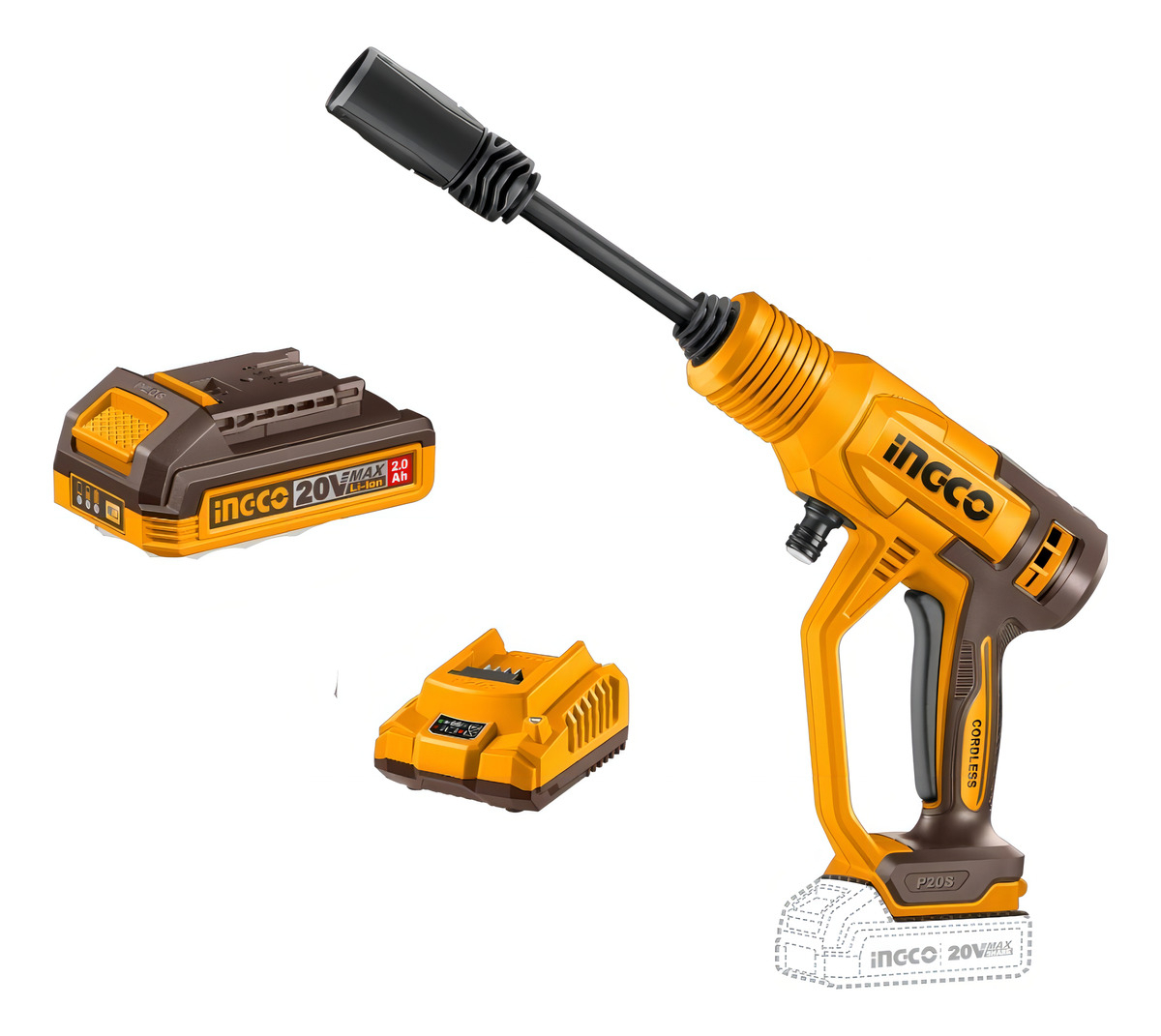 Hidrolavadora 24.8bar Batería Cargador Accesorios Ingco Amarillo 50 Hz / 60 Hz