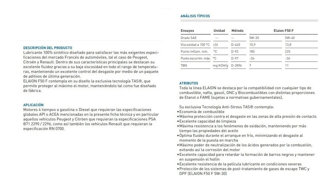 Aceite Ypf Elaion F50 5w40 Sintetico 5w40 - Tyt - Imagen 3