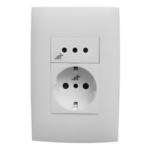 Plaqueta Presta Vivion Con Toma Schuko + 1 Tres En Línea Pf Color Blanco