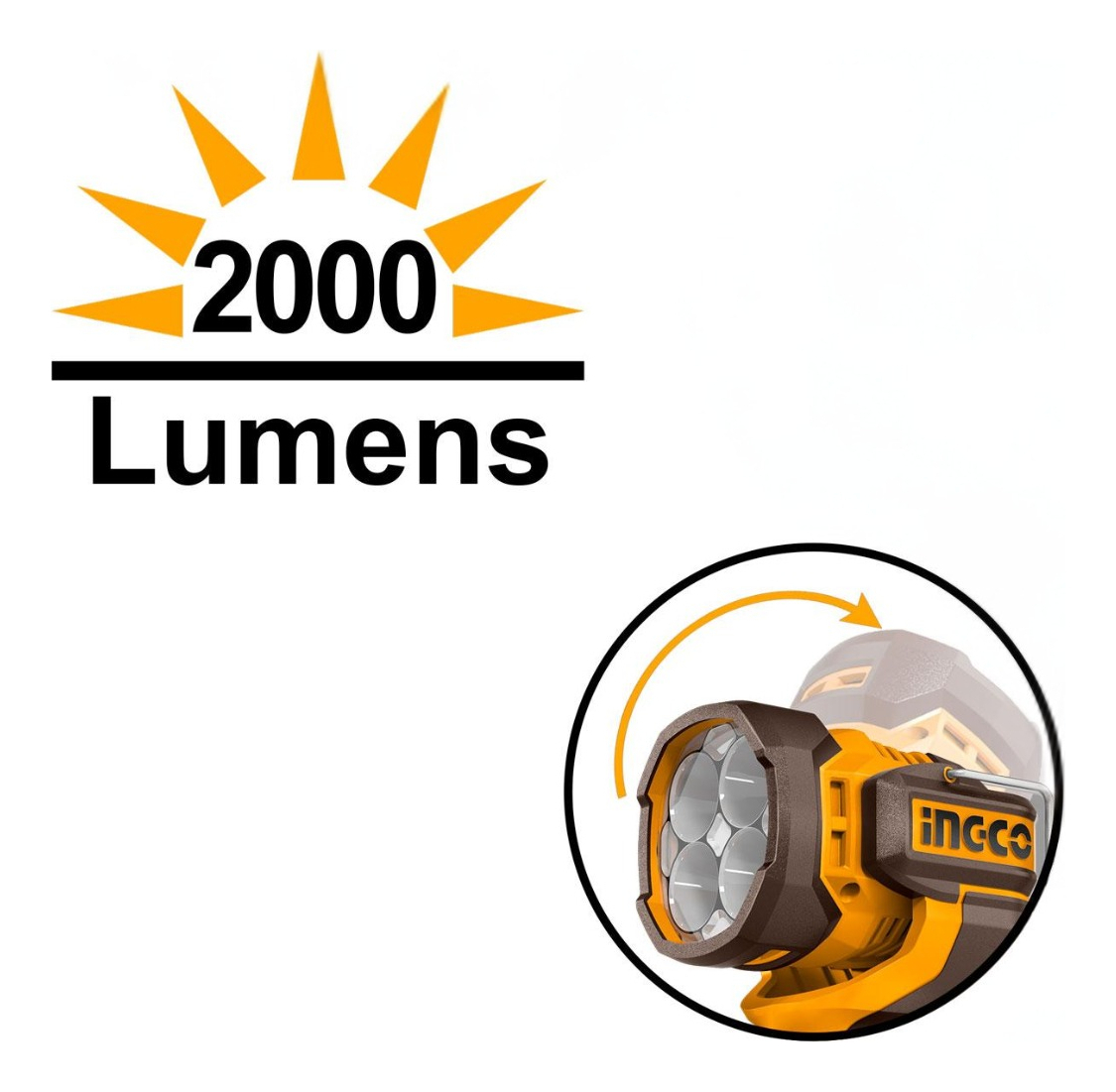 Linterna 2000 Lumens 20v S/bateria Cwli2088 Ingco Linterna A Blanca Amarillo - Imagen 3