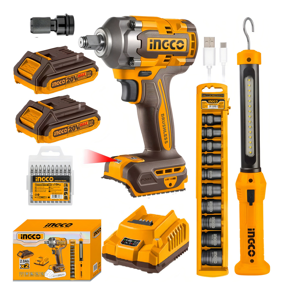 Kit Llave Impacto 20v + Linterna Rec + Dad Cosli23011 Ingco