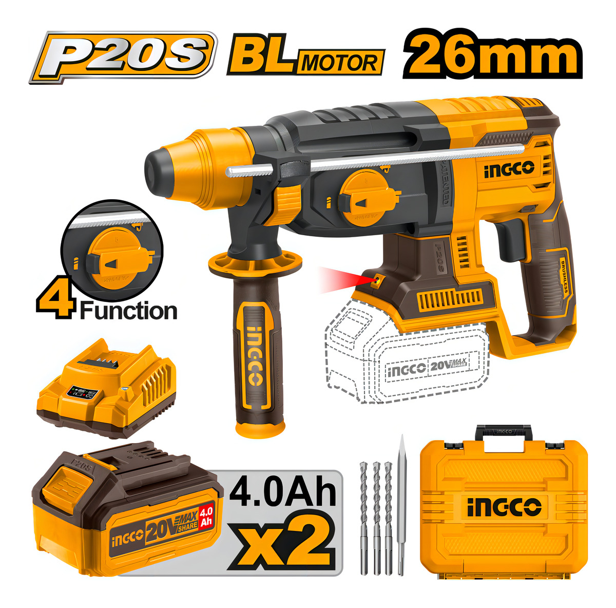 Rotomartillo Ingco Industrial 2 Bat. Y Carg Crhli202287 Color Amarillo Frecuencia 50/60hz - Imagen 2