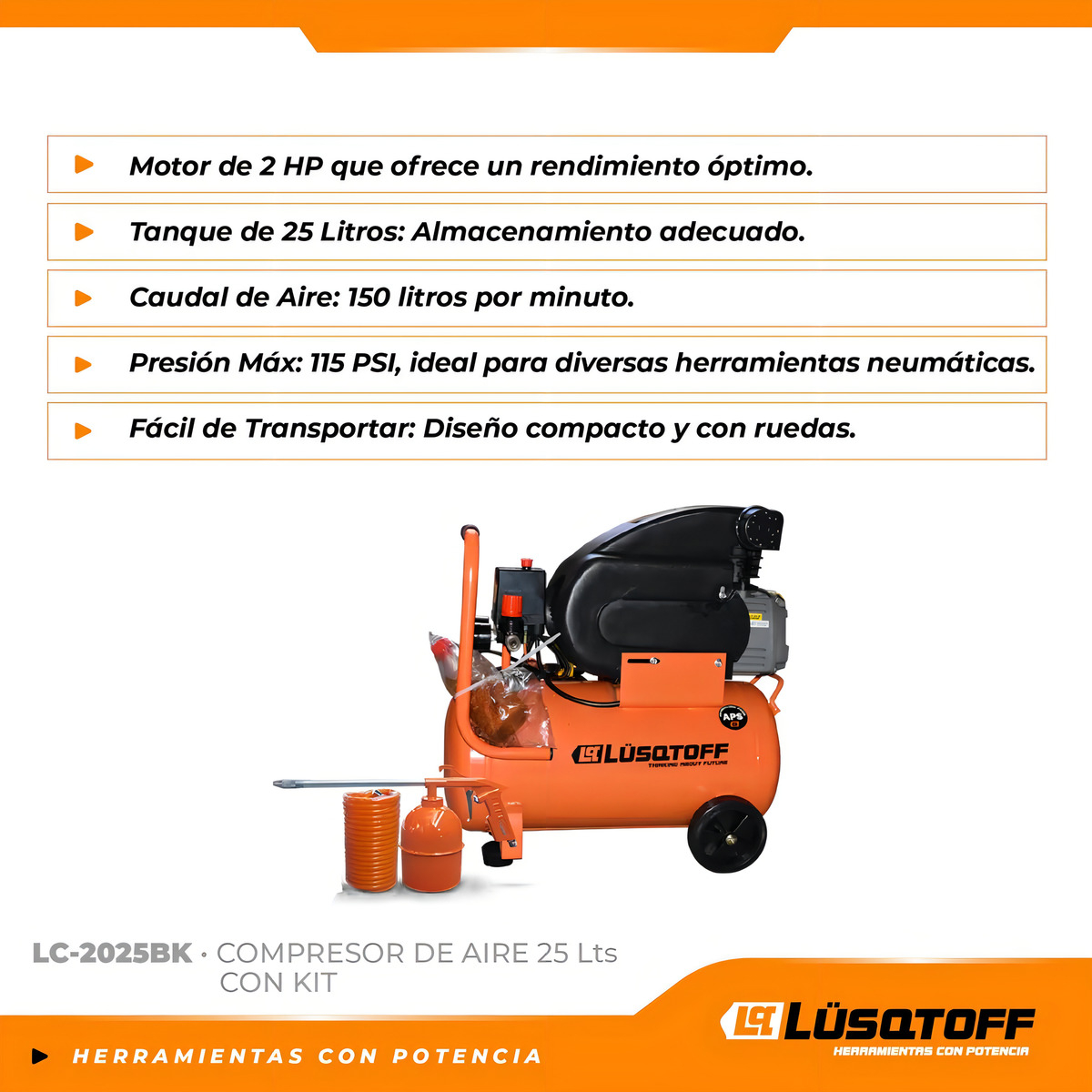Compresor De Aire Eléctrico Portátil Lüsqtoff Lc-2025bk 25l 2hp Naranja 50 Hz - Imagen 7