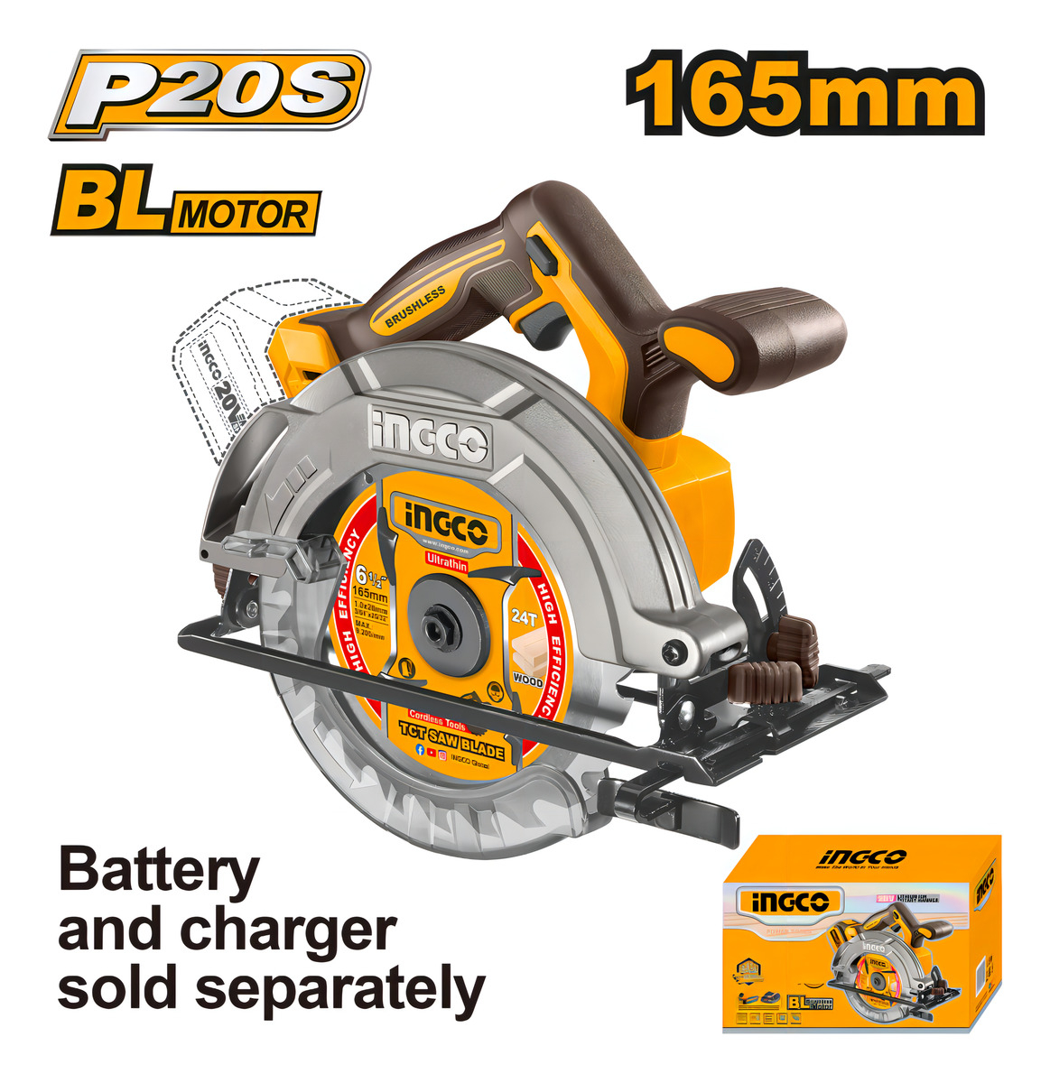 Sierra Circular Bateria P20s 165mm Ingco Csli1652 Color Amarillo Frecuencia 50-60 - Imagen 2